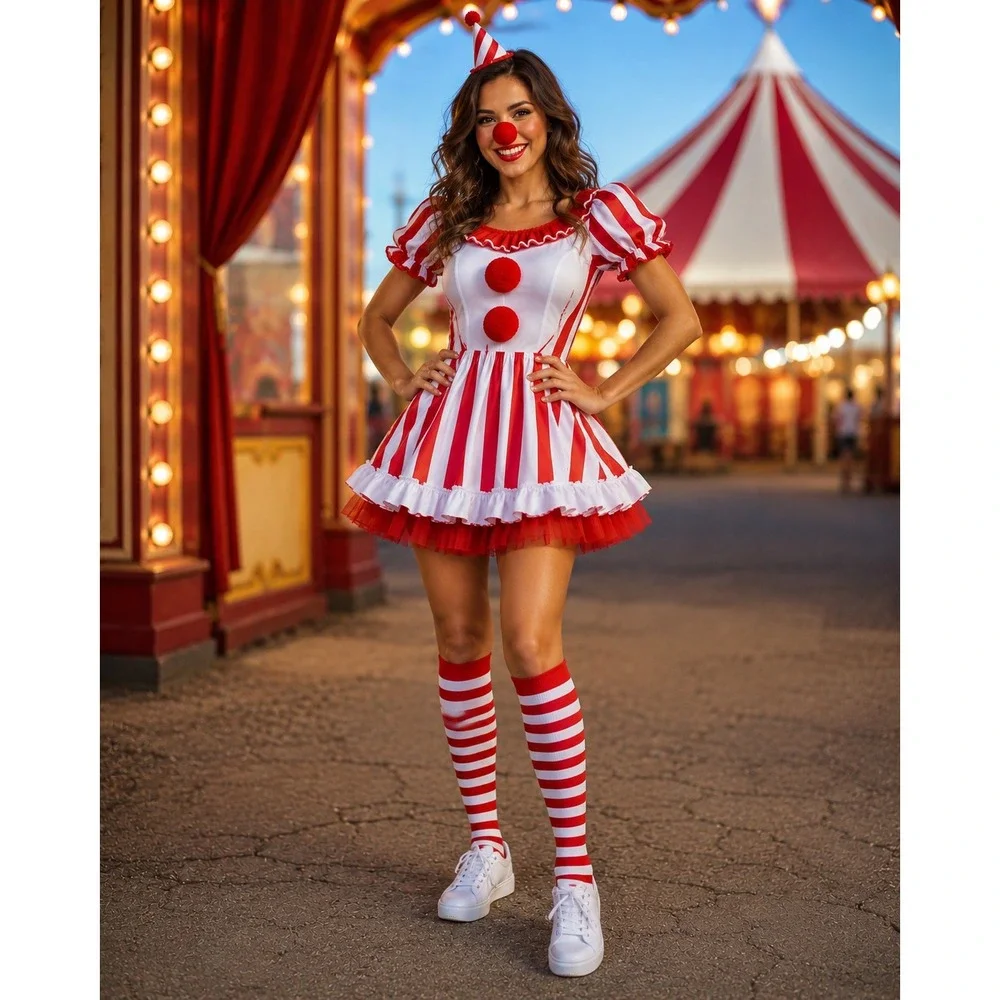 Clown Knee High Socks Adult One Size Red White Striped Costume Accessory New